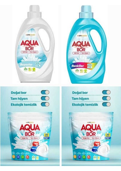 Aquabor Doğal Mineralli Sıvı Çamaşır Deterjanı Renkliler +Beyazlar Için +Bulaşık Tableti 30KAPSÜL