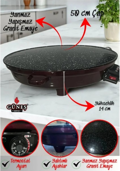 TRENDHANE Güneş Katmer Katmer Sacı 50 cm | Yapışmaz Emaye Kaplama I 2000 VoltI Gözleme Tavası - Emaye Gövde, Ayarlanabilir Sıcaklık, Enerji Tasarrufu fırsatları