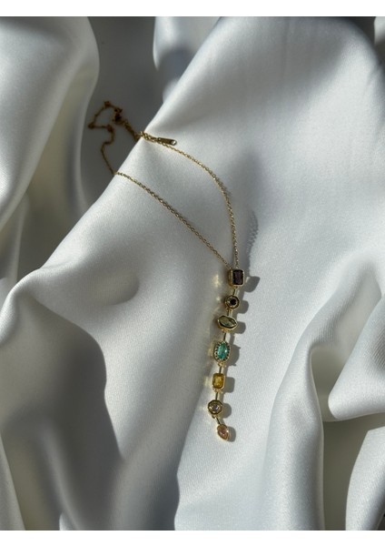 Pirinç Renkli Zirkon Taşlı Model Gold Renk 7 Element Kadın Y Kolye