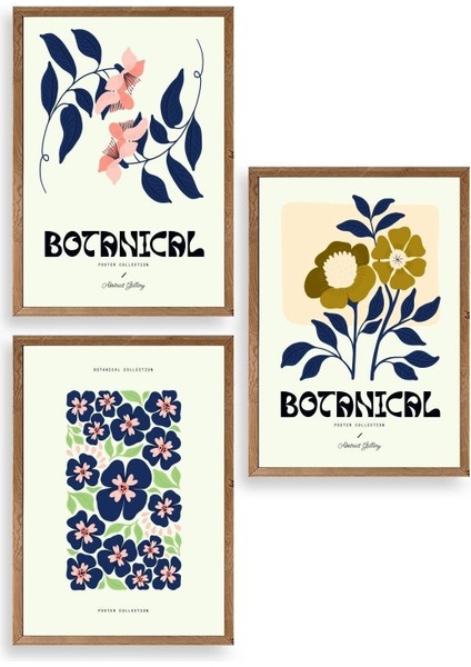 Botanik Üçlü Ahşap Çerçeveli Tablo