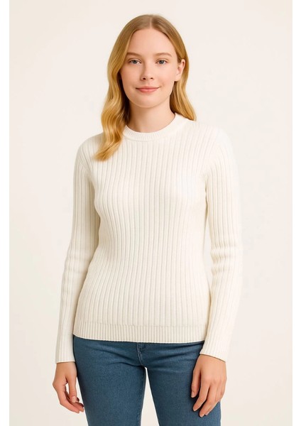 Bisiklet Yuvarlak Yaka Triko Kazak Pamuklu Kalın Fitilli Dokuma, Regular Fit Uzun Kollu Kışlık M