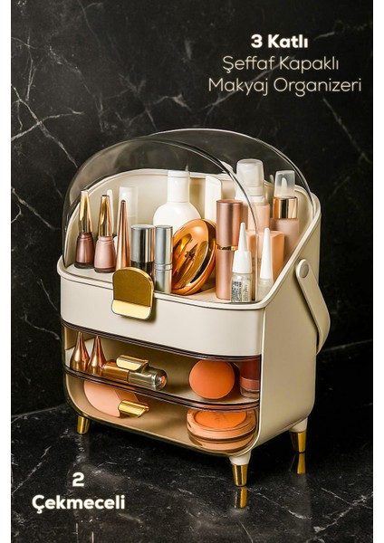 Çok Amaçlı 3 Katlı Organizer, 2 Çekmeceli, Kozmetik ve Takı Düzenleyici