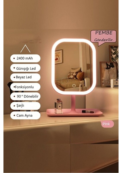 Şarjlı LED Işıklı Makyaj Aynası, Dokunmatik, Oynar Başlıklı, 3 Modlu, USB