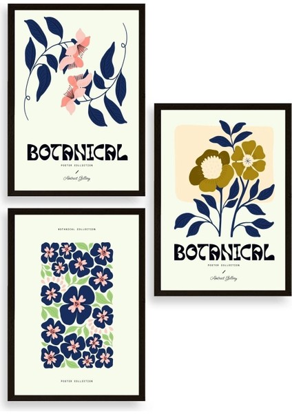 Botanik Üçlü Ahşap Çerçeveli Tablo