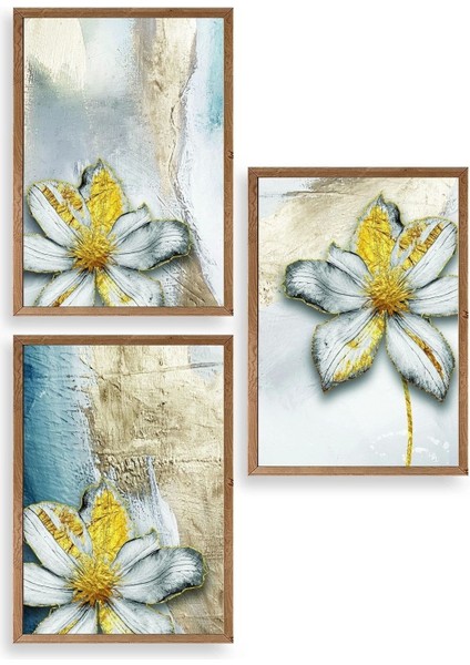 Çiçek Desenli Üçlü Ahşap Çerçeveli Tablo