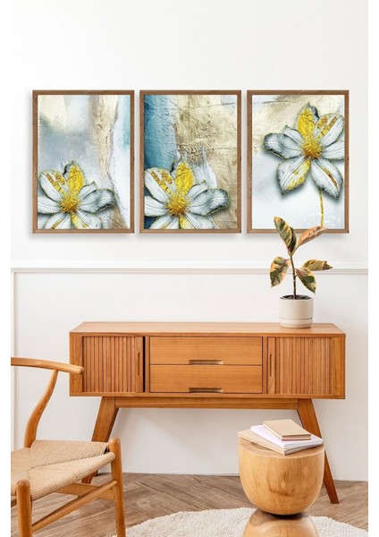 Çiçek Desenli Üçlü Ahşap Çerçeveli Tablo modelleri