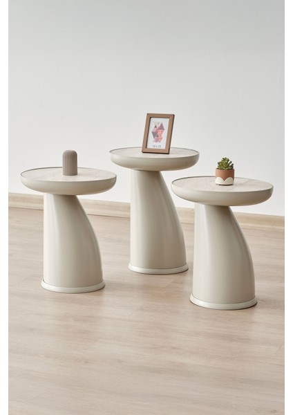 Elips 3'lü Sehpa,yan Sehpa,zigon Sehpa - Kumtaşı (Açık Bej) & Traverten Desenli Tabla