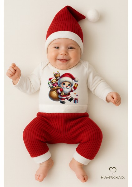 Bebek Yılbaşı Noel Kıyafeti 3’lü Set ,santa Baskılı Uzun Kollu Body, Kırmızı Fitilli Pantolon,şapka