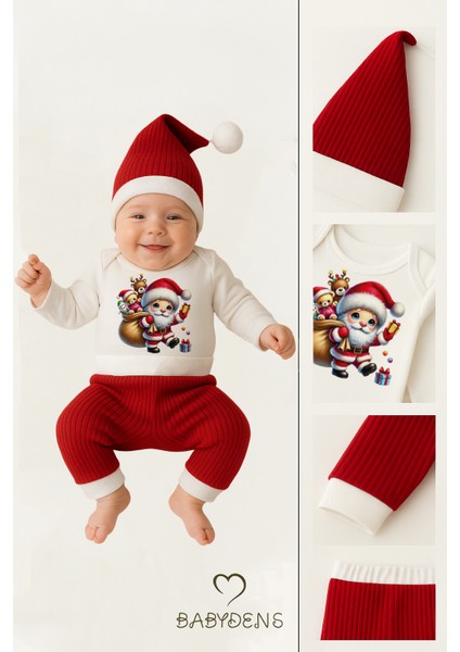 Bebek Yılbaşı Noel Kıyafeti 3’lü Set ,santa Baskılı Uzun Kollu Body, Kırmızı Fitilli Pantolon,şapka modelleri