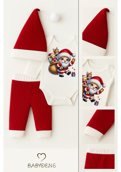 Bebek Yılbaşı Noel Kıyafeti 3’lü Set ,santa Baskılı Uzun Kollu Body, Kırmızı Fitilli Pantolon,şapka fırsatları