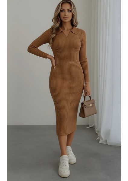 Kadın V Yaka Detay Triko Elbise