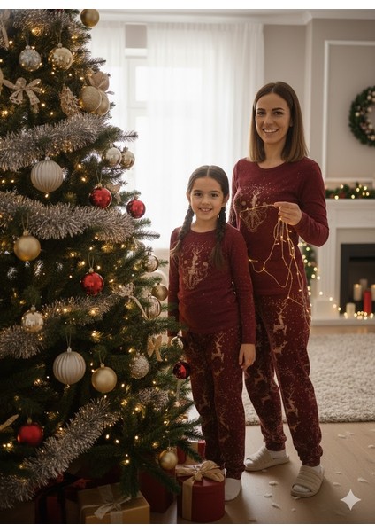 Anne Kız Pijama Takımı Yılbaşı Temalı Fransız Kadife Ekstra Yumuşak Rahat