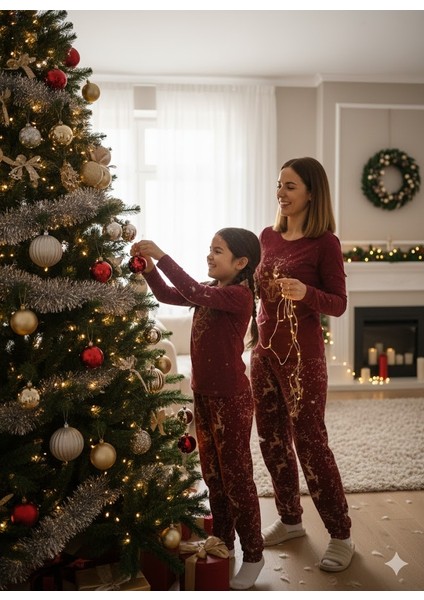 Anne Kız Pijama Takımı Yılbaşı Temalı Fransız Kadife Ekstra Yumuşak Rahat fiyatları