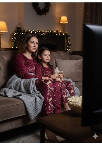 Anne Kız Pijama Takımı Yılbaşı Temalı Fransız Kadife Ekstra Yumuşak Rahat modelleri