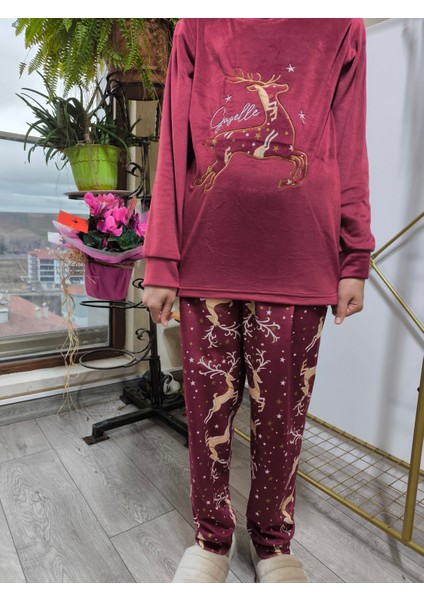 Anne Kız Pijama Takımı Yılbaşı Temalı Fransız Kadife Ekstra Yumuşak Rahat