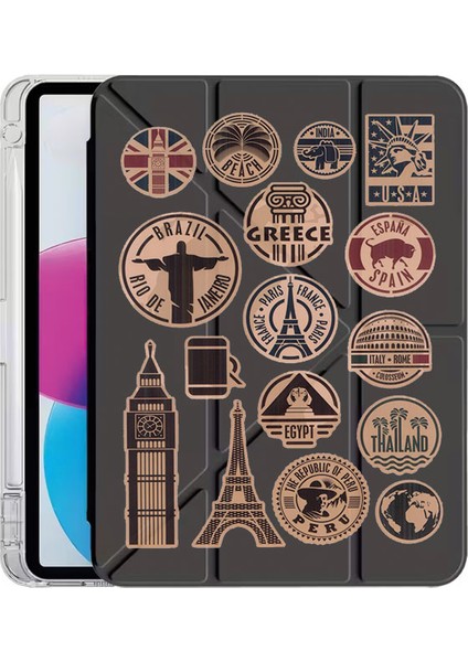 iPad 11.nesil A16 2025 Kılıf Desenli Uyku Modlu Kalem Bölmeli Standlı Country