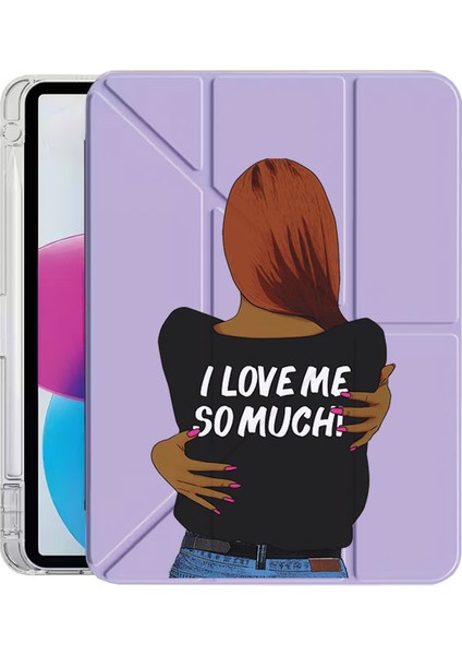 iPad 9.7 2017 (5.nesil) Kılıf Desenli Uyku Modlu Kalem Bölmeli Standlı I Love Me