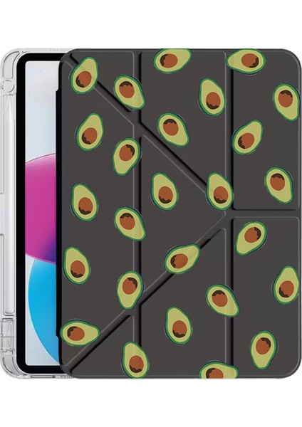 iPad 10.2 (8.nesil) Kılıf Desenli Uyku Modlu Kalem Bölmeli Standlı Avocado