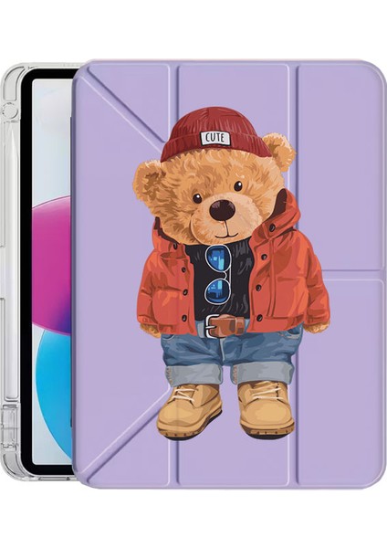 iPad 10.2 (8.nesil) Kılıf Desenli Uyku Modlu Kalem Bölmeli Standlı Teddy Bear