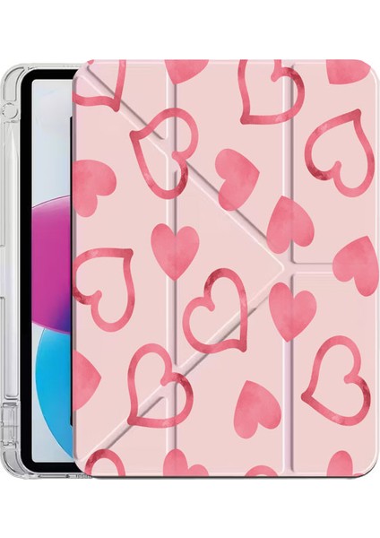 iPad 10.2 (8.nesil) Kılıf Desenli Uyku Modlu Kalem Bölmeli Standlı Gölgeli Kalpler