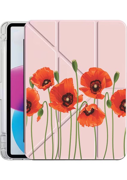 iPad Pro 10.5 (7.nesil) Kılıf Desenli Uyku Modlu Kalem Bölmeli Standlı Kırmızı Gelincik
