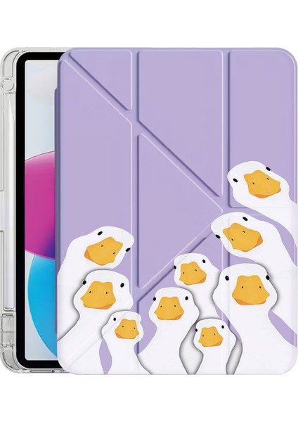 iPad 10.2 (8.nesil) Kılıf Desenli Uyku Modlu Kalem Bölmeli Standlı Mutlu Ördekler