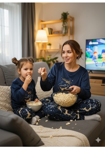 Anne Kız Pijama Takımı Yılbaşı Temalı Fransız Kadife Ekstra Yumuşak Rahat