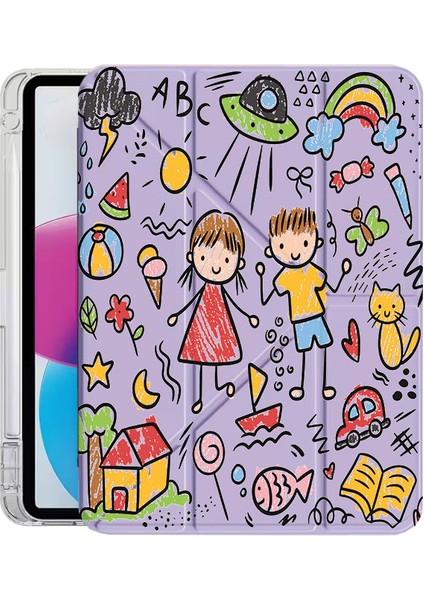 iPad 10.2 (8.nesil) Kılıf Desenli Uyku Modlu Kalem Bölmeli Standlı Çocuk