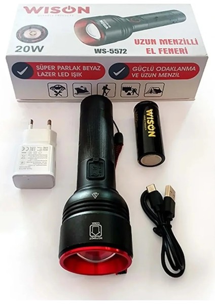 Wison WS-5572 20W Uzun Menzilli Şarjlı Metal El Feneri (5422)