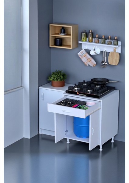 Mono Duvara Monte 60 cm Baharat Raflı Ocak Altı Dolap 60X88X48 cm Tüp Bölmeli Mutfak Ünitesi