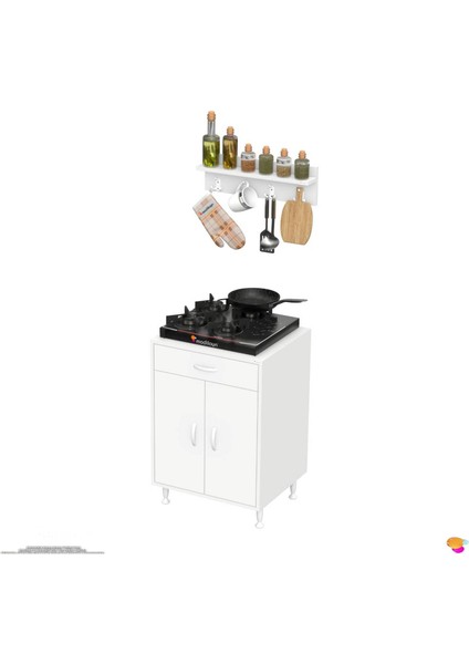 Mono Duvara Monte 60 cm Baharat Raflı Ocak Altı Dolap 60X88X48 cm Tüp Bölmeli Mutfak Ünitesi