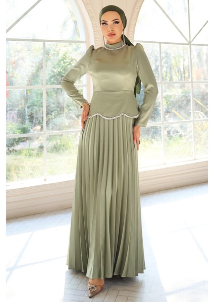 Taş ve Inci Detaylı Piliseli Saten Tesettür Abiye Elbise Açık Yeşil 1682 fiyatları