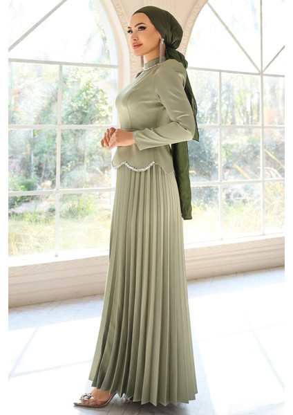 Taş ve Inci Detaylı Piliseli Saten Tesettür Abiye Elbise Açık Yeşil 1682 fırsatları