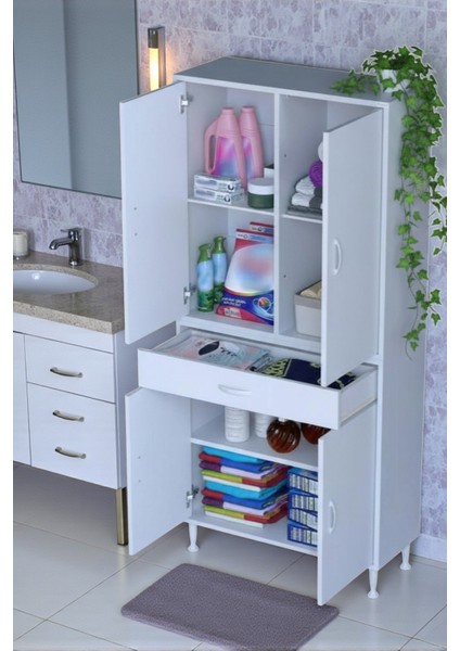 Luma Kapaklı & Çekmeceli Banyo Dolabı 75 cm Genişlikte Beyaz Dolap 75X173X32,5 cm Depolama Dolabı