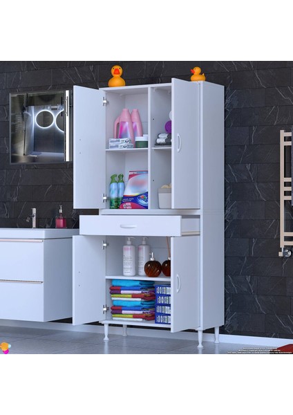 Luma Kapaklı & Çekmeceli Banyo Dolabı 75 cm Genişlikte Beyaz Dolap 75X173X32,5 cm Depolama Dolabı modelleri