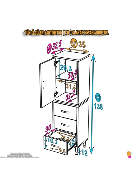 Alia Çok Kullanışlı Dolap G:35 cm Üst Bölme Kapaklı Alt Bölme Çekmeceli 35X138X32,5 cm Modüler Dolap fiyatları