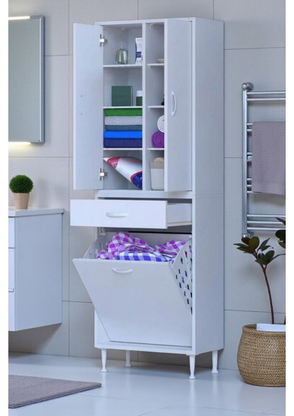 Reli Dolap Beyaz Çok Kullanımlı 55 cm Eninde Banyo Dolabı 55X171X32,5 cm 2 Kapak 6 Raf Dolap