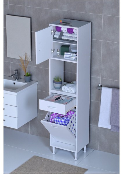 Seris Sepetli ve Çekmeceli Banyo Dolabı G:35 cm Çok Amaçlı Beyaz Düzenleyici 35X173X32,5 cm Dolap