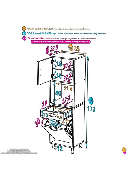Seris Sepetli ve Çekmeceli Banyo Dolabı G:35 cm Çok Amaçlı Beyaz Düzenleyici 35X173X32,5 cm Dolap fiyatları