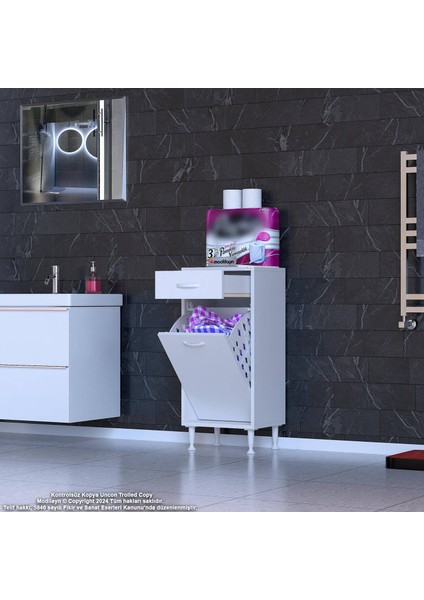 Asil 40 cm Kirli Çamaşır Sepetli Banyo Dolabı 1 Çekmeceli Mutfak Çok Amaçlı Dolap 40X88X32,5 cm