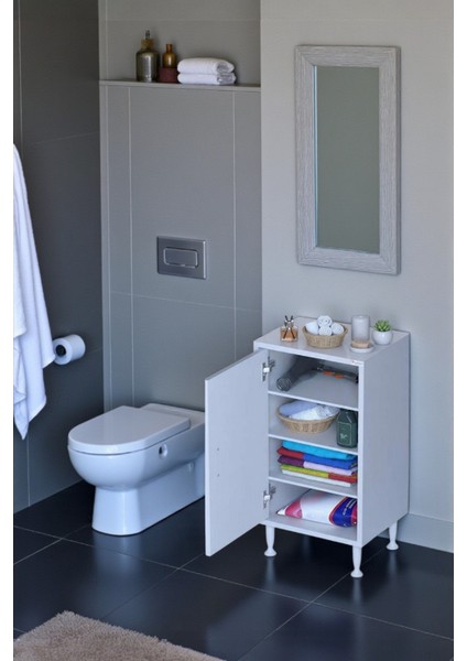 Nirat 35 cm 4 Bölmeli Beyaz Banyo Mutfak Dolabı 3 Raflı Kapaklı Çok Amaçlı Dolap 35X75X32,5 cm