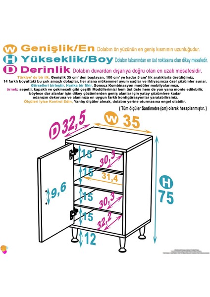 Nirat 35 cm 4 Bölmeli Beyaz Banyo Mutfak Dolabı 3 Raflı Kapaklı Çok Amaçlı Dolap 35X75X32,5 cm fiyatları