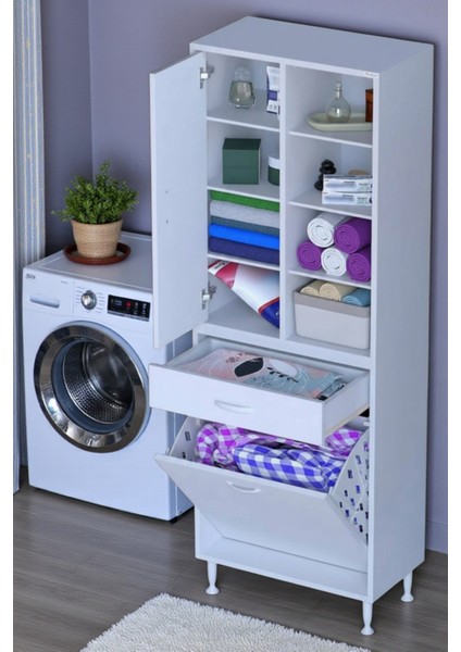 Rule Sepetli Banyo/mutfak Dolabı 65 cm Genişliğe Sahip 65X171X32,5 cm Bir Sepetli Beyaz Dolap