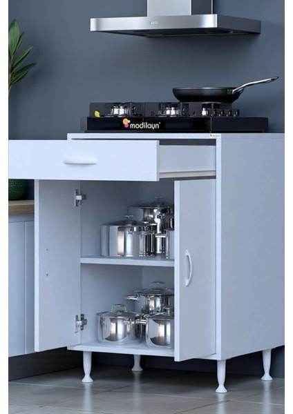 Valya Çekmeceli Beyaz 65 cm Genişlikte Mutfak Dolabı Ocak Alanlı 2 Bölmeli 65X88X56 cm Dolap