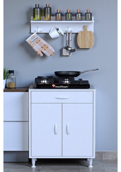 Asya Beyaz Set Ocak Altı 65 cm Tüp Hazneli Mutfak Dolabı 65X88X56 cm Baharat Raflı Dolap