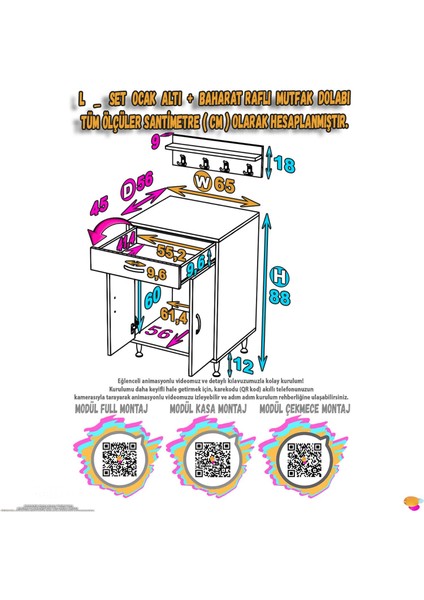 Asya Beyaz Set Ocak Altı 65 cm Tüp Hazneli Mutfak Dolabı 65X88X56 cm Baharat Raflı Dolap fiyatları