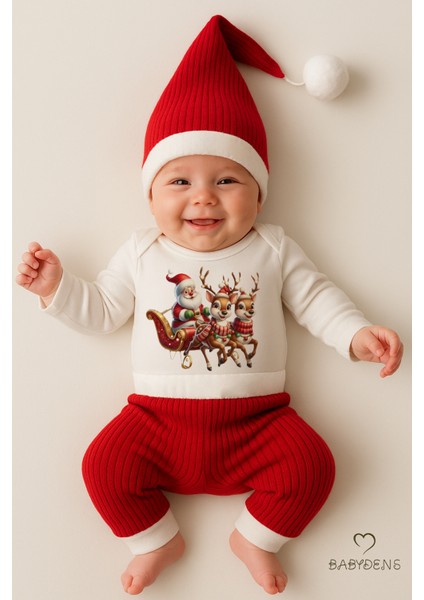 Bebek Yılbaşı Noel Kıyafeti 3’lü Takım,noel Baskılı Uzun Kollu Body,fitilli Pantolon,ponponlu Şapka