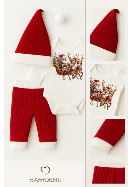Bebek Yılbaşı Noel Kıyafeti 3’lü Takım,noel Baskılı Uzun Kollu Body,fitilli Pantolon,ponponlu Şapka modelleri
