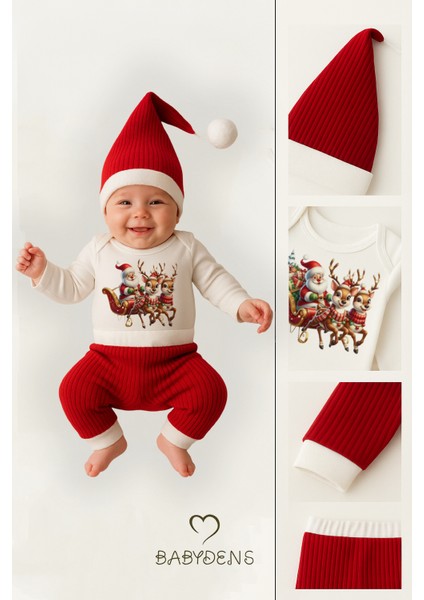 Bebek Yılbaşı Noel Kıyafeti 3’lü Takım,noel Baskılı Uzun Kollu Body,fitilli Pantolon,ponponlu Şapka indirimleri
