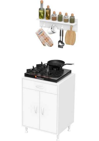 Asya Beyaz Set Ocak Altı 65 cm Tüp Hazneli Mutfak Dolabı 65X88X56 cm Baharat Raflı Dolap